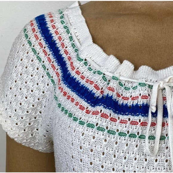 Vintage Crocheted Peasant Blouse Short Sleeve Knit Top - Picture 9 of 11